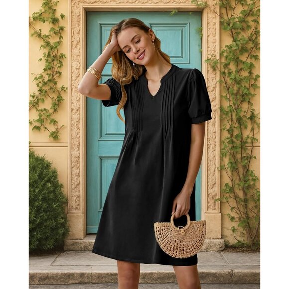 Women’s Summer Dress Polyester Blended Shift V Neck Puff Short Sleeve Casual - Picture 3 of 7